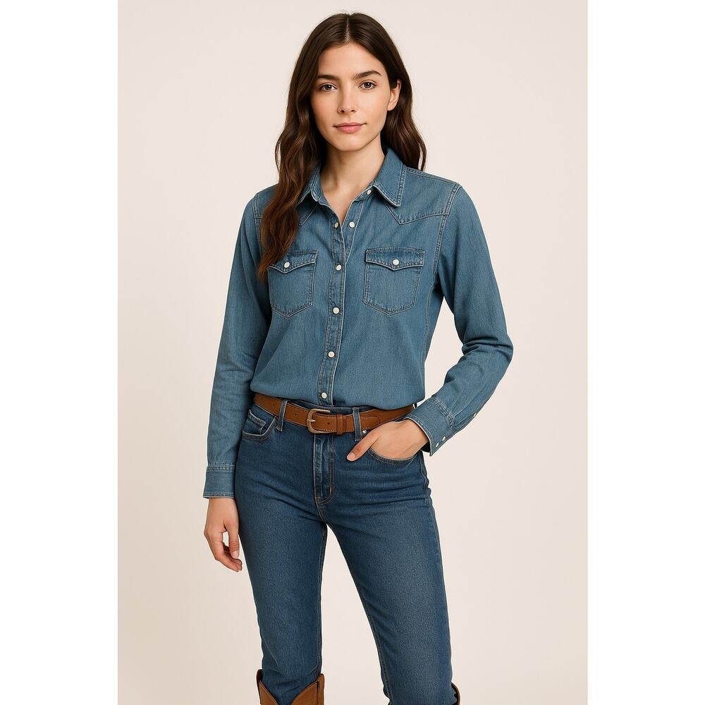 Gap Womens Pearl‎ Snap Western Denim Shirt 100% Cotton XS Classic Cowgirl Boho
